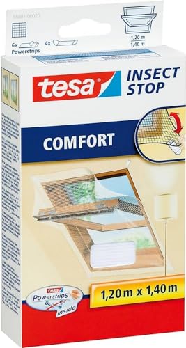 tesa Insect Stop COMFORT Fliegengitter für Dachfenster - Insektenschutz für Fenster - Fliegen Netz selbstklebend ohne Bohren - weiß (leichter sichtschutz), 1,20 m x 1,40 m